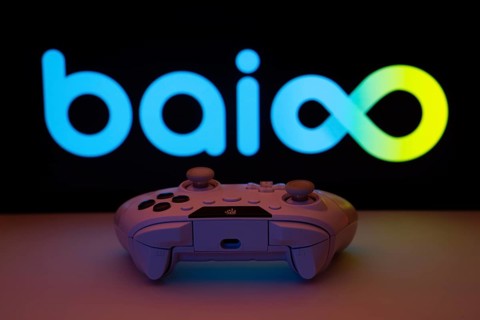Dhaka, Bangladesh- 08 Apr 2025: A gaming controller in front of a Baioo Family Interactive Ltd