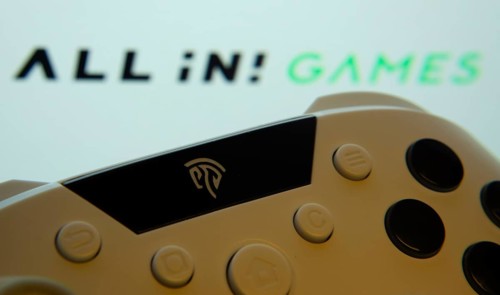 Dhaka, Bangladesh- 24 Mar 2025: A close-up of a gamepad with All in! Games the seen on screen in