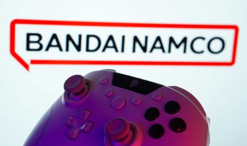 Dhaka, Bangladesh- 20 Mar 2025: A close-up of a gamepad with the Bandai Namco Entertainment seen on