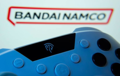 Dhaka, Bangladesh- 24 Mar 2025: A close-up of a gamepad with the Bandai Namco Entertainment seen on