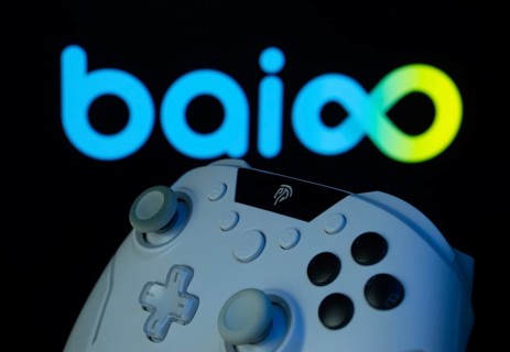 Dhaka, Bangladesh- 20 Mar 2025: A close-up of a gamepad with the Baioo Family Interactive Ltd seen