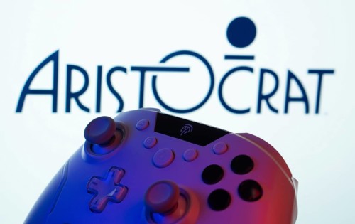 Dhaka, Bangladesh- 20 Mar 2025: A close-up of a gamepad with the Aristocrat seen on screen in the
