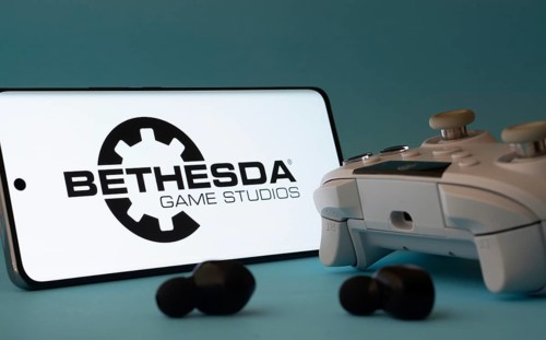 Dhaka, Bangladesh- 23 Mar 2025: A smartphone with a Bethesda Game Studios icon next to a controller