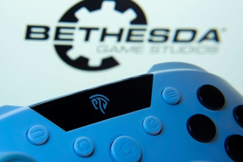 Dhaka, Bangladesh- 24 Mar 2025: A close-up of a gamepad with the Bethesda Game Studios seen on