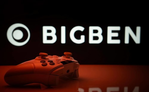 Dhaka, Bangladesh- 20 Mar 2025: A close-up of a white gamepad with the Bigben Interactive seen on
