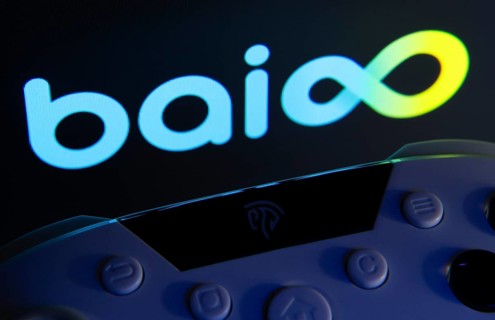 Dhaka, Bangladesh- 24 Mar 2025: A close-up of a gamepad with the Baioo Family Interactive Ltd seen