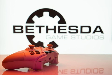 Dhaka, Bangladesh- 20 Mar 2025: A close-up of a white gamepad with the Bethesda Game Studios seen