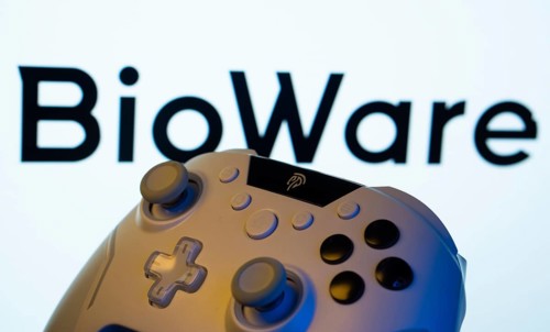 Dhaka, Bangladesh- 20 Mar 2025: A close-up of a gamepad with the BioWare seen on screen in the