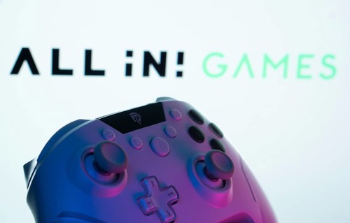 Dhaka, Bangladesh- 20 Mar 2025: A close-up of a gamepad with the All in! Games seen on screen in