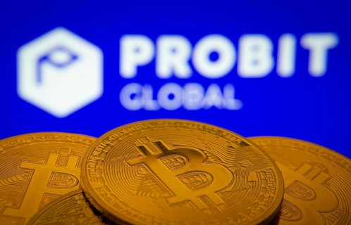 Dhaka, Bangladesh- 27 Mar 2025: Close-up of Bitcoin coins with the ProBit Global logo visible on a