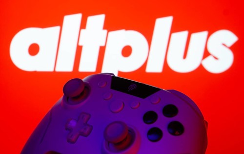 Dhaka, Bangladesh- 20 Mar 2025: A close-up of a gamepad with the AltPlus Inc seen on screen in the