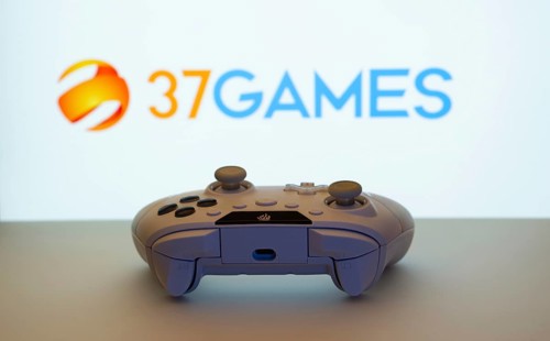 Dhaka, Bangladesh- 08 Apr 2025: A gaming controller in front of a 37Games screen