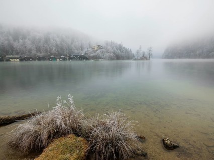 View across Königssee to boathouses, Christlieger island and frozen trees in fog, Schönau am