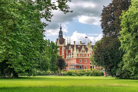 Muskau Castle in the Muskauer Park UNESCO World Heritage Site or Muzakowski Park in Bad Muskau,