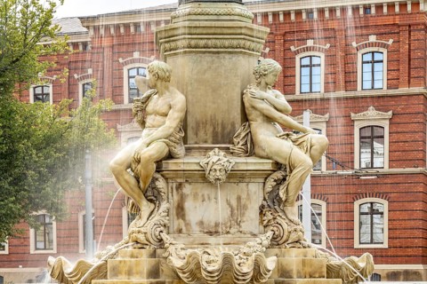 The Muschelminna fountain or Toberentzbrunnen at Postplatz in Görlitz, Upper Lusatia, Saxony,