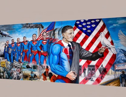 Political painting features several prominent U.S. Presidents dressed in Superman costumes, uses