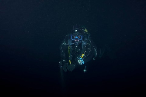 Divers at night in Lake Walen. Tauchplatz Känzeli, Mols, Canton of St. Gallen, Switzerland