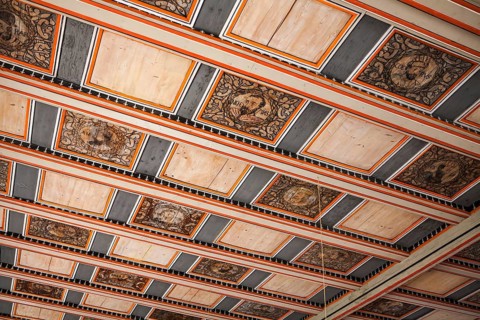 Inner view, Wood paneled ceiling with saints, Saint Giles or market church St. Aegidien, Osterode,