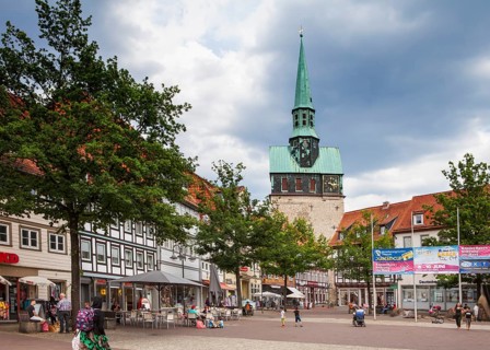 City view of Osterode, Kornmarkt with Saint Giles or church St. Aegidien, Upper Harz region, Lower