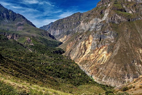 Fascinating gorge landscape with lush vegetation and mountains, The landscape of Colca Canyon in