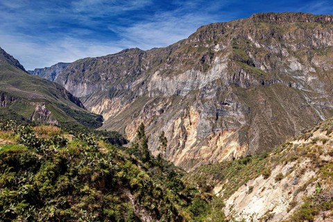 Wide gorge with lush slopes and rock walls under a clear sky, the landscape of Colca Canyon in the