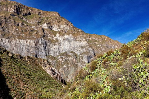 Dramatic mountain slopes under a deep blue sky with cacti in the foreground, the landscape of Colca