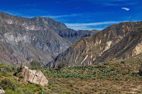 Wide mountain landscape with green vegetation under a clear sky, The landscape of Colca Canyon in