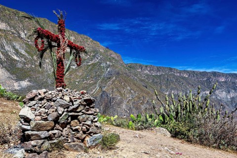 A cross of flowers and branches stands on a pile of rocks in a dry desert landscape with cacti,