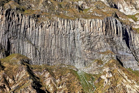 Detailed view of impressive geological formations on a rock wall, the landscape of the Colca Canyon