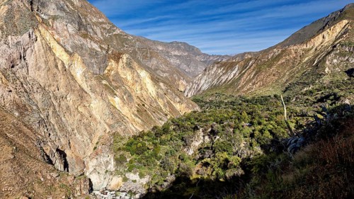 Extensive mountain range with green vegetation and blue sky, the landscape of Colca Canyon in the