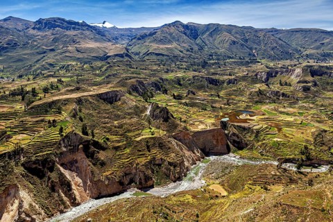 Landscape with terraced fields, river and mountainous surroundings, The landscape of Colca Canyon