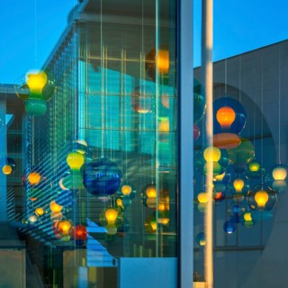 Artistic lamp installation with window reflection of the Marie-Elisabeth-Lüders House, art,