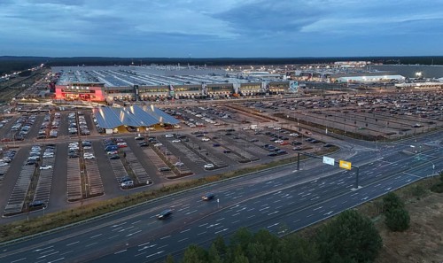 Tesla Gigafactory at the blue hour, Grünheide, 19.12.2025, Grünheide, Brandenburg, Germany