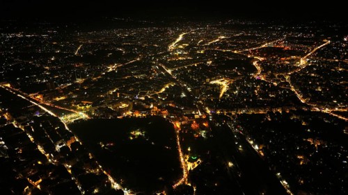 A Drone night view of Aleppo, Syria on December 19, 2025, showing illuminated streets, dense