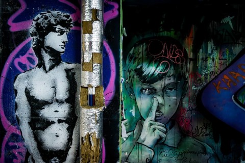 Graffiti on the former US eavesdropping facility on Teufelsberg in Grunewald, Berlin, Germany