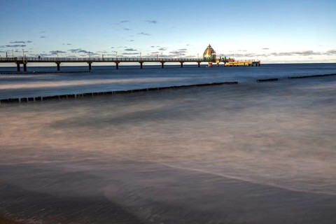 Groes and pier with diving gondola, long exposure, evening light, Zingst, Fischland-Darß-Zingst,