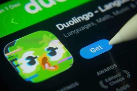 Dhaka, Bangladesh- 01 Dec 2025: A close-up of the Duolingo app icon in the App Store on an iPad