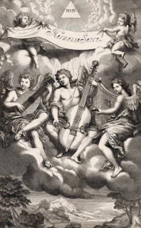 Frontispiece by Simon Gribelin, Book of Harmoniae Sacra or Divine hymns and dialogues, a music book