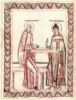 Guido of Arezzo showing Bishop Tedald the monochord, an ancient instrument with a single string,