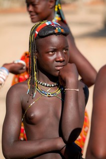 Portrait, brightly decorated girl of the Hakaona tribe, also Havakona or Hakawona, near Opuwo,