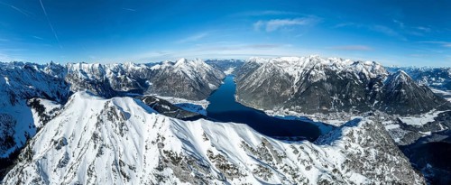 Aerial view, epic view of mountain landscape with snow in winter, summit of Bärenkopf, Achensee,