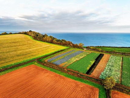 Colours of autumn Fields and Farms over Sheldon from a drone, Torbay, Devon, England, United