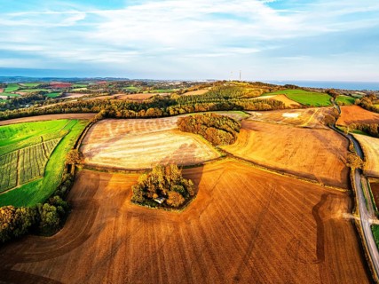 Colours of Devon Farms and Fields over Berry Pomeroy from a drone, Totnes, England, United Kingdom