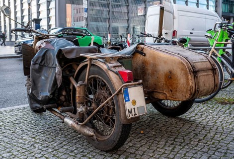 Retro motorcycle with sidecar, old and rusted, roadworthy and officially approved, Berlin, Germany
