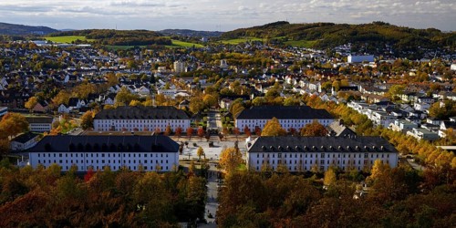 View from the Jübergturm of Sauerland Park in autumn and the city center of Hemer, Märkischer
