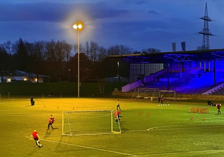 Youth training in the royal blue Glückauf Kampfbahn of FC Schalke 04, Gelsenkirchen, Ruhr area,