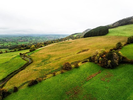 Autumn colours over Wales Farms and Fields from a drone, Grosmont, Abergavenny, Monmouthshire,