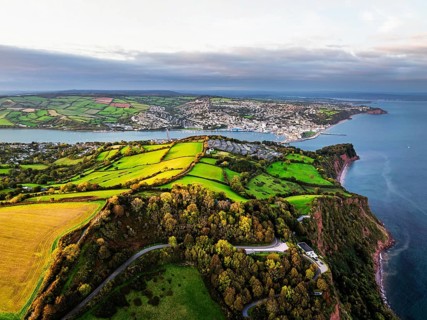 Colours of autumn Fields and Farms over Sheldon from a drone, Torbay, Devon, England, United