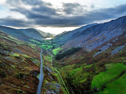 Autumn colours over Mach Loop from a drone, Minffordd, Tywyn, Wales, UK