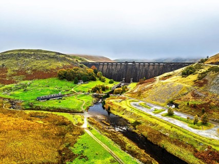 Autumn over Claerwen Dam, Claerwen Valley, Elan Valley Reservoir, Rhayader, Powys, Wales, UK
